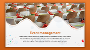 Event management slide featuring a banquet hall image, with space for description and orange border design.