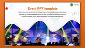 Event themed slide with a wavy design featuring a stage performance with musicians, colorful spotlights, and a text area.