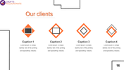 Client slide featuring four orange diamond-shaped icons with caption areas, alongside with a placeholder for a company logo.