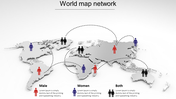 World map in grayscale with male and female icons linked by dotted lines indicating global network with three caption below.