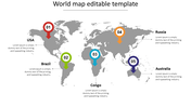 World map slide with numbered location markers for the USA, Brazil, Congo, Russia, and Australia, each in different colors.