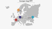 Europe map slide with four pin markers indicating locations in Paris, Berlin, Bucharest, and DSLD.