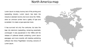 Gray map of North America on the right, with placeholder text, set against a white background.