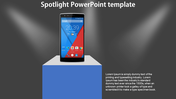 A spotlight focused PowerPoint slide featuring a smartphone on a pedestal with a shadowy background.