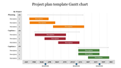 Project plan gantt chart slide showing task timelines across months, with color coded bars with different project phases.