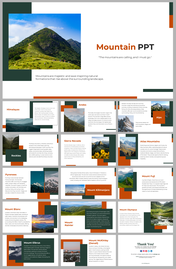 Slide deck showcasing major global mountain ranges with landscape photos, in green and orange accents.