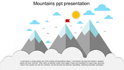 Mountain themed slide featuring illustrated peaks with a red flag, sun, clouds, and text below.