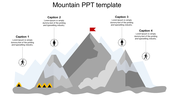 Mountain themed slide showing four icons with caption points ascending a peak with a red flag at the summit.