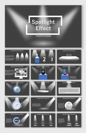 PowerPoint with spotlight effects, featuring slides for product displays, and charts with a dramatic lighting theme.