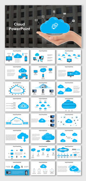 Slide deck featuring various cloud graphics, network diagrams, and device icons, showcasing features, with blue theme.