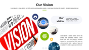 Company vision slide with bold text, target icon, and supporting images representing success and goals.