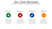 Four core services are displayed with colorful icons and sample text descriptions under each section.