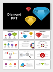 Slide deck with diamond theme featuring colorful gemstones, charts, and captions on black and white backgrounds.