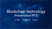 Blockchain slide with white text, on a blue background with abstract digital network graphics.