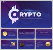 Cryptocurrency slide deck in purple and blue theme, covering history, blockchain, mining, trading, and regulation.