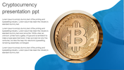 Large bitcoin coin illustration on the right, set against a blue wave design with text on the left white area.