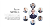 Slide displaying headshots of seven team members in a circular pattern, with a text description about team collaboration.