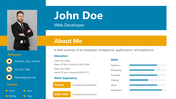 Professional resume slide in blue and yellow accents, with a profile photo, name, with details on skills and experience.