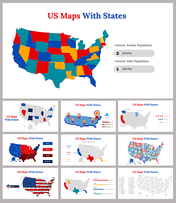 Colorful slide deck map of the United States with each state in different shades, showcasing population data.