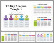 A pack of fit gap analysis slides displaying four main categories in different colorful layout designs with icons and text.