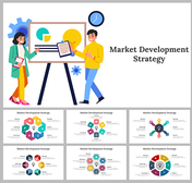 Market development strategy slides featuring animated characters and colorful layout designs with icons.