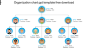 Organizational structure slide with team members avatars of various roles including managers and engineers in blue circles.