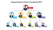 Manager at the top in a red, with team leads and employees below in colored hexagons, forming an organizationa chart.