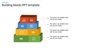 Four tier colored building blocks diagram slide with numbered sections and corresponding icons with placeholder text.