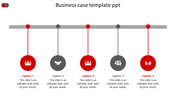 Business case slide featuring five hanging icons with colorful circles for different steps with caption text.