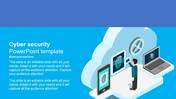 Illustration of cybersecurity theme with a cloud, laptop, smartphone, and a person interacting with a digital fingerprint scanner.