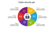 A hexagon-shaped circular diagram slide with six colorful icons and captions with text area.