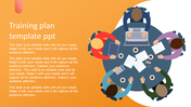 Training plan slide showing a group of people working around a table and text section on the orange backdrop.