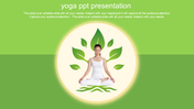 Yoga template, featuring a person in a pose on a mat with a title and a placeholder text in green background.