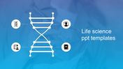 Life science slide featuring a DNA strand design with four icons on a blue backdrop.