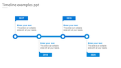 Timeline featuring four circular markers connected with flag-shaped boxes, aligned on a line, all in blue accents.