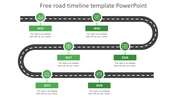 Road timeline slide with green milestones from 2015 to 2020, represented along a curved road.