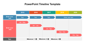 Colorful timeline template showcasing milestones from 2015 to 2020 with placeholders for custom text.