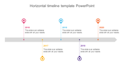 Timeline slide showing five years from 2016-2020 marked with colorful pointers on a gray line with text area.