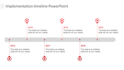 Horizontal gray arrow with six red markers and circles indicating points along the timeline with text on both sides.