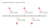 Timeline with red markers from 2016 to 2020 placed along a horizontal gray arrow, each with a text above and below.