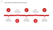 Interactive timeline slide with key milestones from 2016 to 2020, represented with red icons and text for each year.