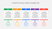 Simple and colorful history timeline template illustrating events from 2015 to 2019 with different icons and text areas.