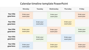 A weekly calendar timeline template with five days Mon to Fri and event plan fields for each day.