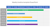 Weekly timeline slide format with color coded tasks across each weekday, including placeholders for text entries.