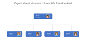 Simple organizational chart with one top-level person connected to four subordinates, each in blue rectangles with icons.