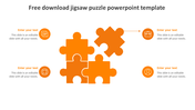 Orange-themed jigsaw puzzle template with four puzzle pieces in the center and text placeholders with icons around it.