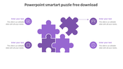 Four interlocking purple puzzle pieces, one is slightly separated, surrounded by circular icons and text placeholders.