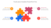 Four interconnected puzzle pieces in blue, orange, red, and pink detached from it, each with matching icons and text areas.