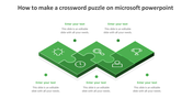 Green puzzle piece diagram with icons and caption areas illustrating steps in creating a crossword puzzle.