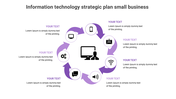 Central computer graphic with circular layout of icons around it, connected by purple arrows, representing tech elements.